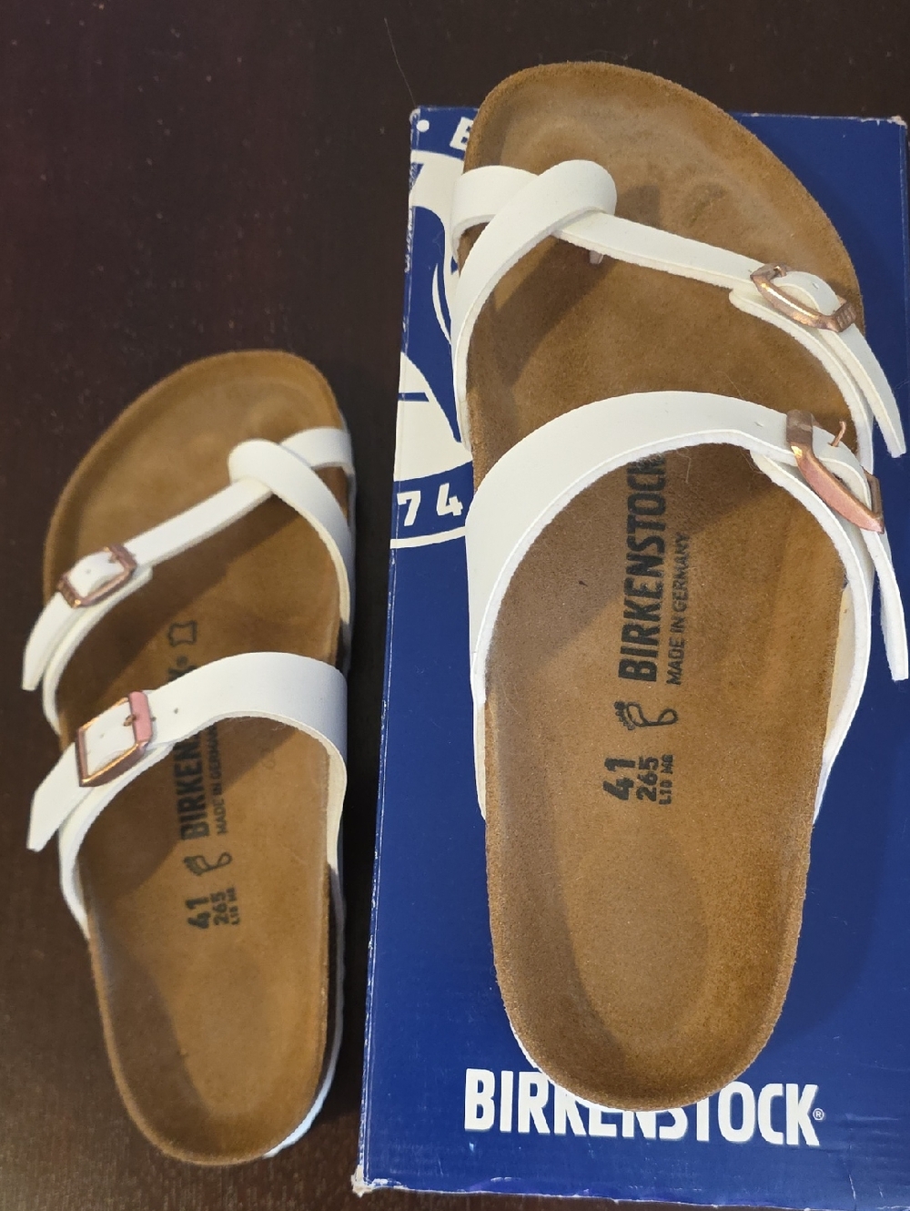 Birkenstock White Three-Strap Women’s Sandals with Rose Gold Buckles